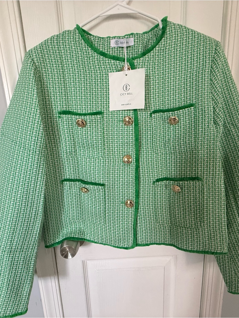 Cicy Bell Green Tweed Cropped Jacket with Gold Buttons